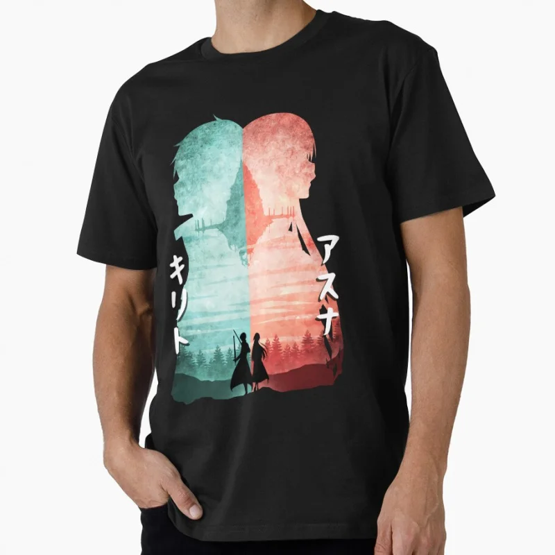 

Sword Art Online, Minimalist Silhouette Kirito And Asuna manga Gift t shirt for Anime lover Y2K clothes Large size Tops print t