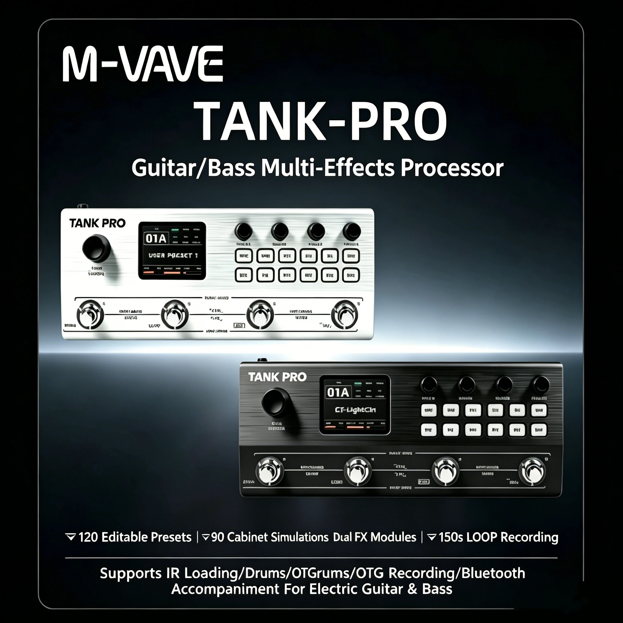Procesador de Multiefectos para Guitarra y Bajo M-VAVE TANK PRO |   90 Simulaciones de Cabinas de Grabación, 120 Presets, Looper de 150s, Carga de IR, Caja de Ritmos