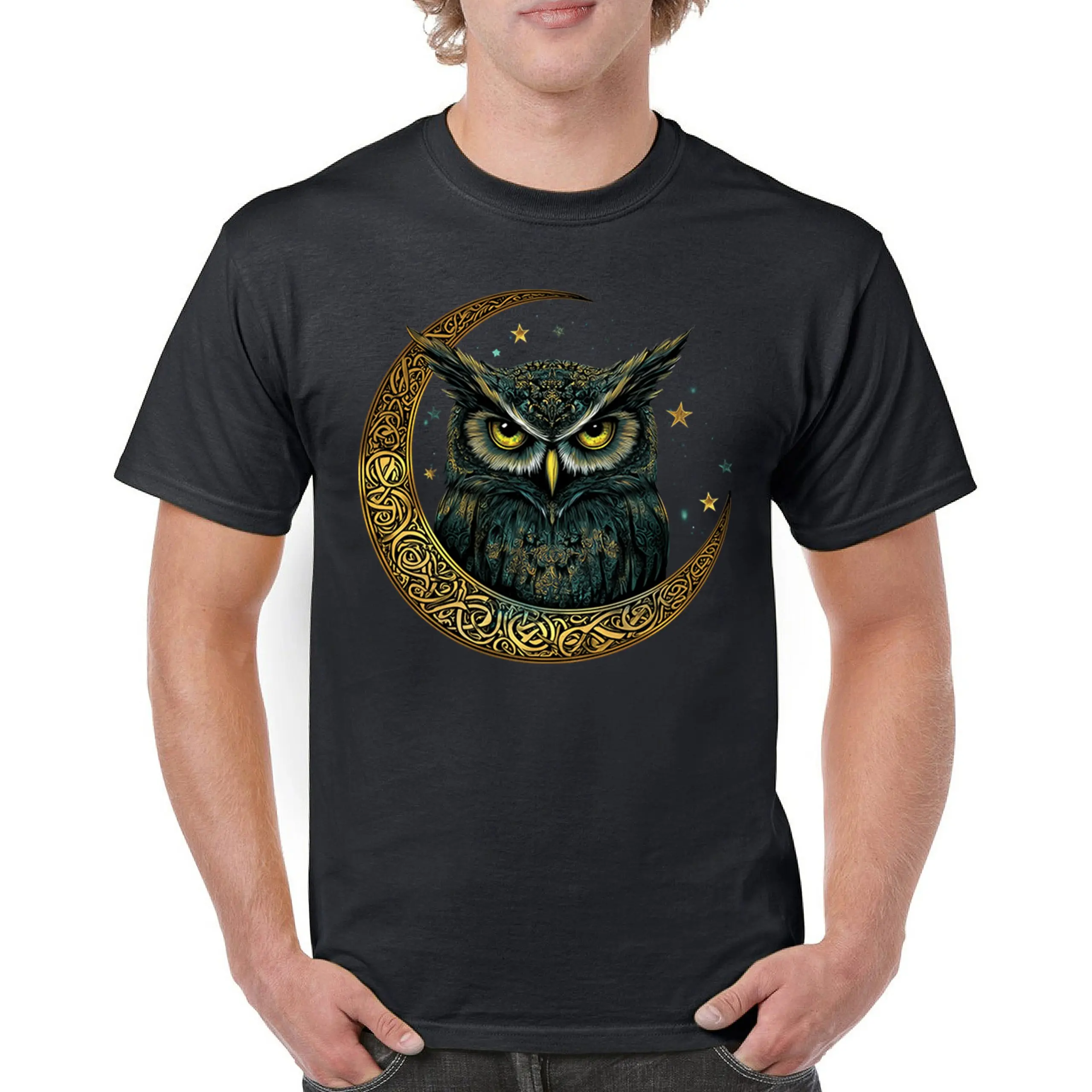 

Mystical Forest Animal Wildlife Celestial Celtic Moon Owl T-Shirt 100% Cotton O-Neck Short Sleeve Summer Casual Mens T-shirt