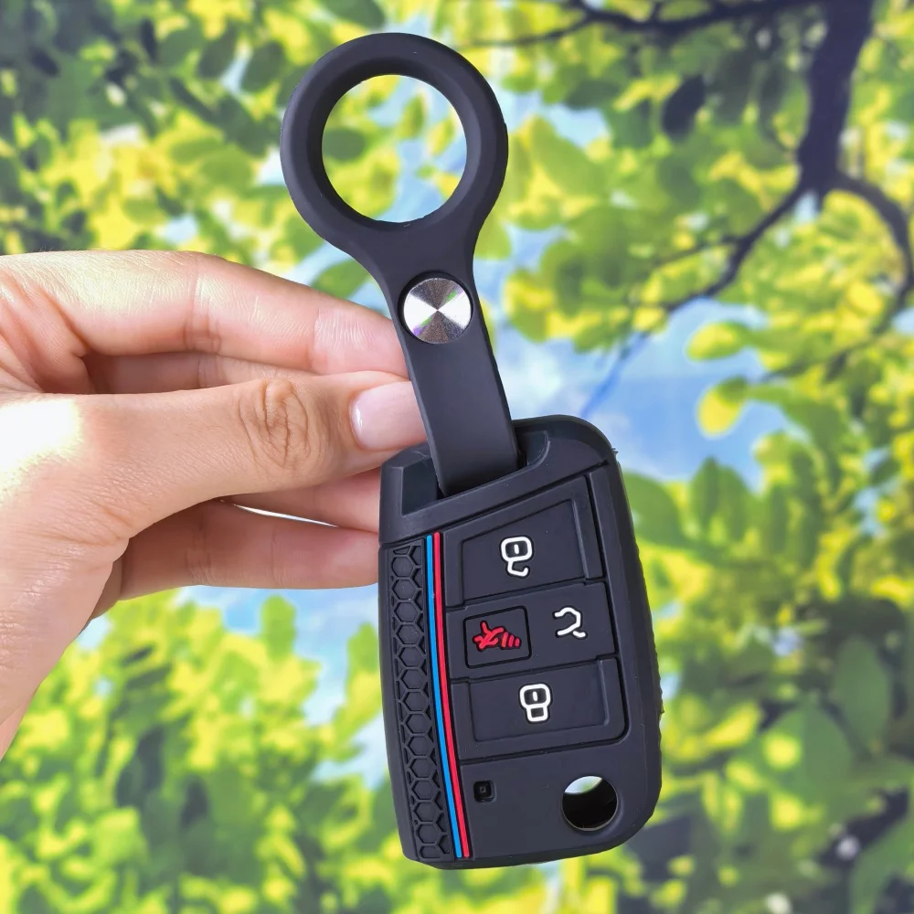 Hex Tricolor Honeycomb Key Cover With Keychain For VW Golf GTI Alltrack Golf R Sportswagen Polo Skoda Tiguan Atlas e-Golf Jetta - view 4