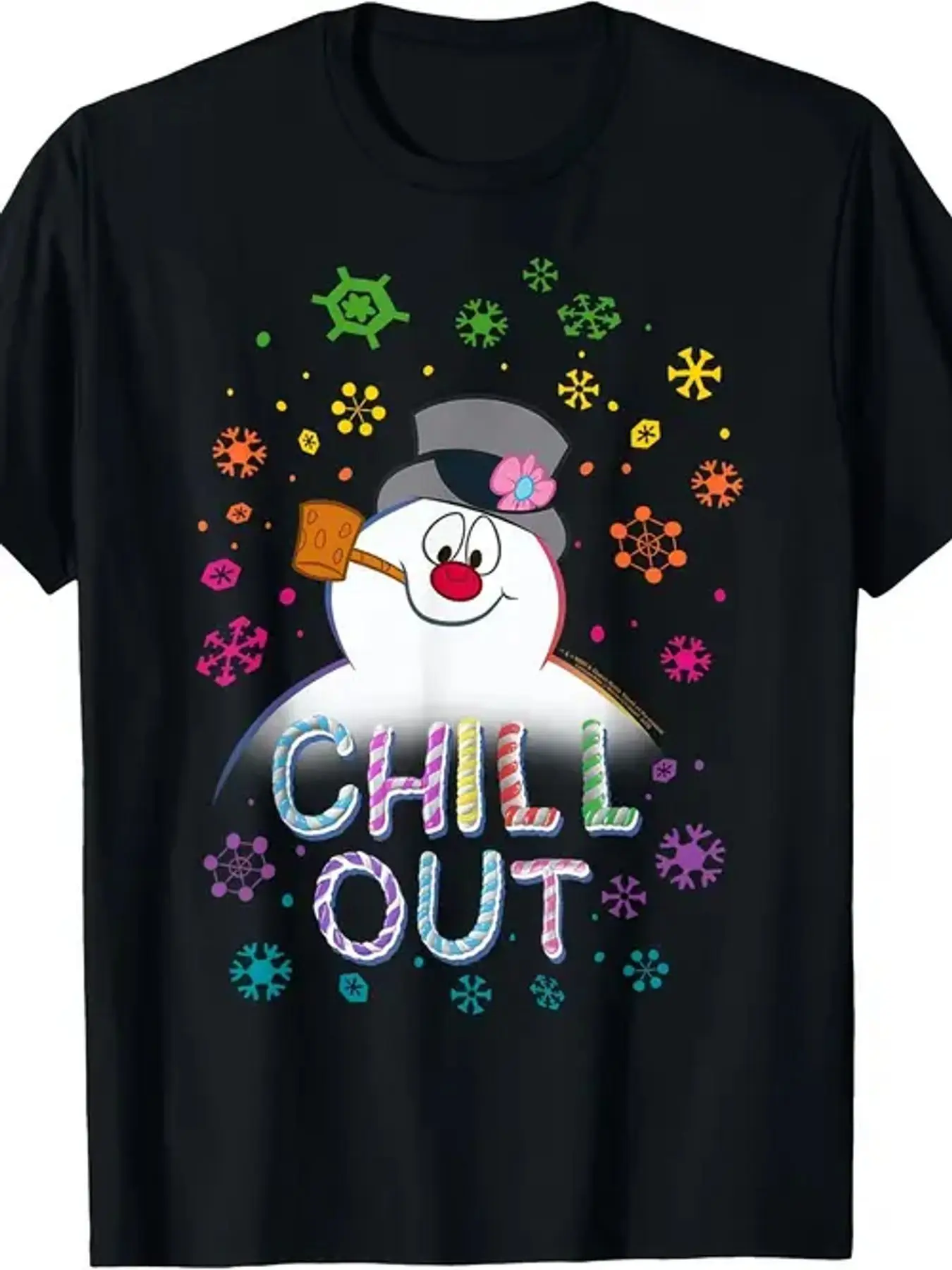 Cheerful Snowman Graphic T-Shirt - Fun Black Tee with Vibrant Multicolored 'CHILL OUT' Text and Whimsical Snowflakes, Perfect for Winter Festivities and Holiday Celebrations