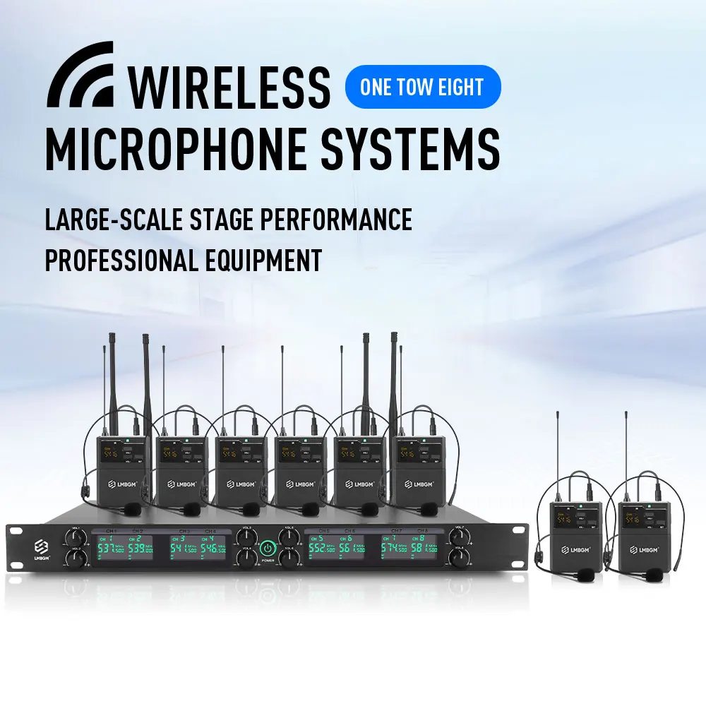 

LMBGM K26R Pro UHF Wireless 8-Channel Bodypack Headset Microphone System 164Ft Range For Stage, Church, Performance, Wedding