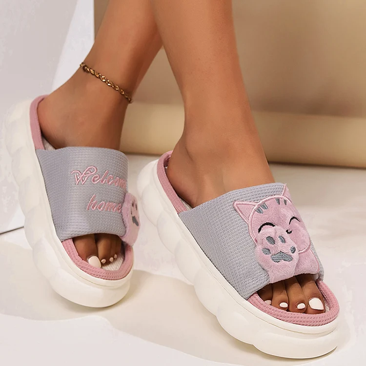 Leinen Casual Hausschuhe Frauen Haus Plattform Niedlichen Cartoon Katze Designer Schuhe Mädchen Flache Mode Elegante Schuhe Indoor Große Größe – Detail 12