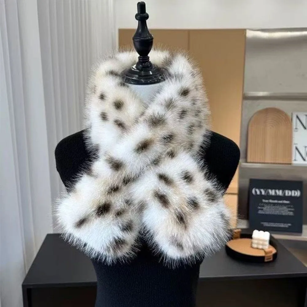 Leopard Print Neck Scarf Thickened Soft and Fluffy Pull Through Scarf Crossover Faux Fur Winter Neck Warmer Cold Weather Wear