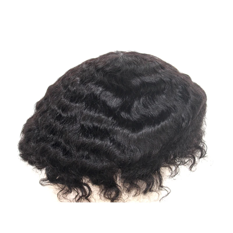 20MM Afro Wave PU Curly Toupee For Men Human Hair Wigs Super Thin Skin Jet Black Replacement System Capillary Prosthesis