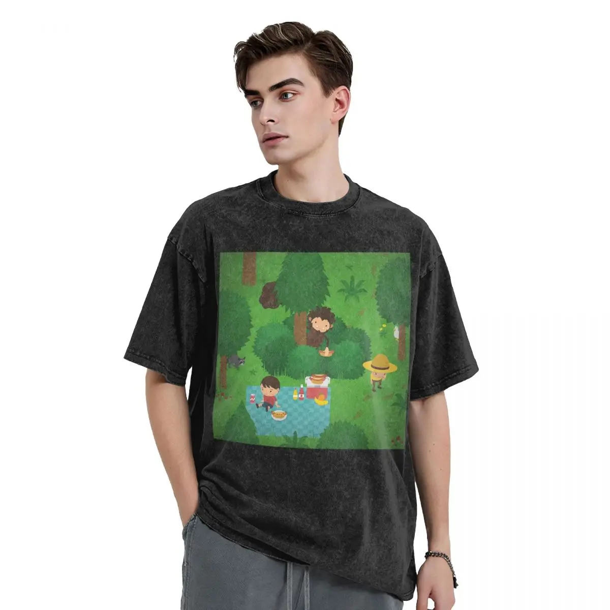 Sneaky Sasquatch Picnic Washed T Shirts Oversized Short Sleeve Hip Hop T-Shirt Streetwear Tops Tees for Men Women