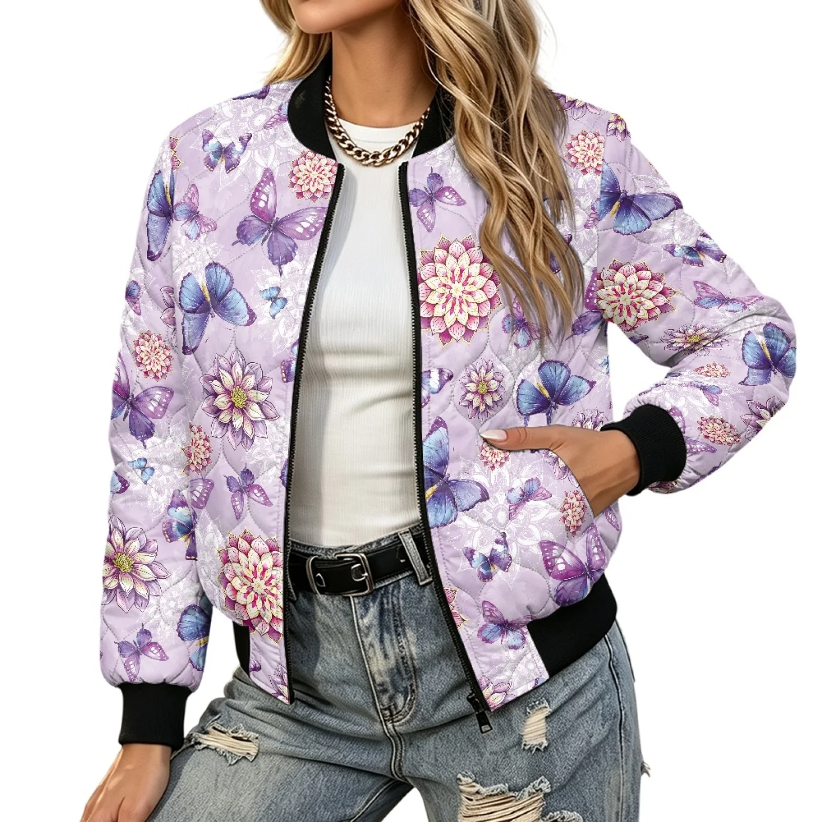 PENSTROLL Butterfly Floral Women Long Sleeve Warm Padded Zipper Outer Coat Water-Resistant Button down Coats for Daily Wear