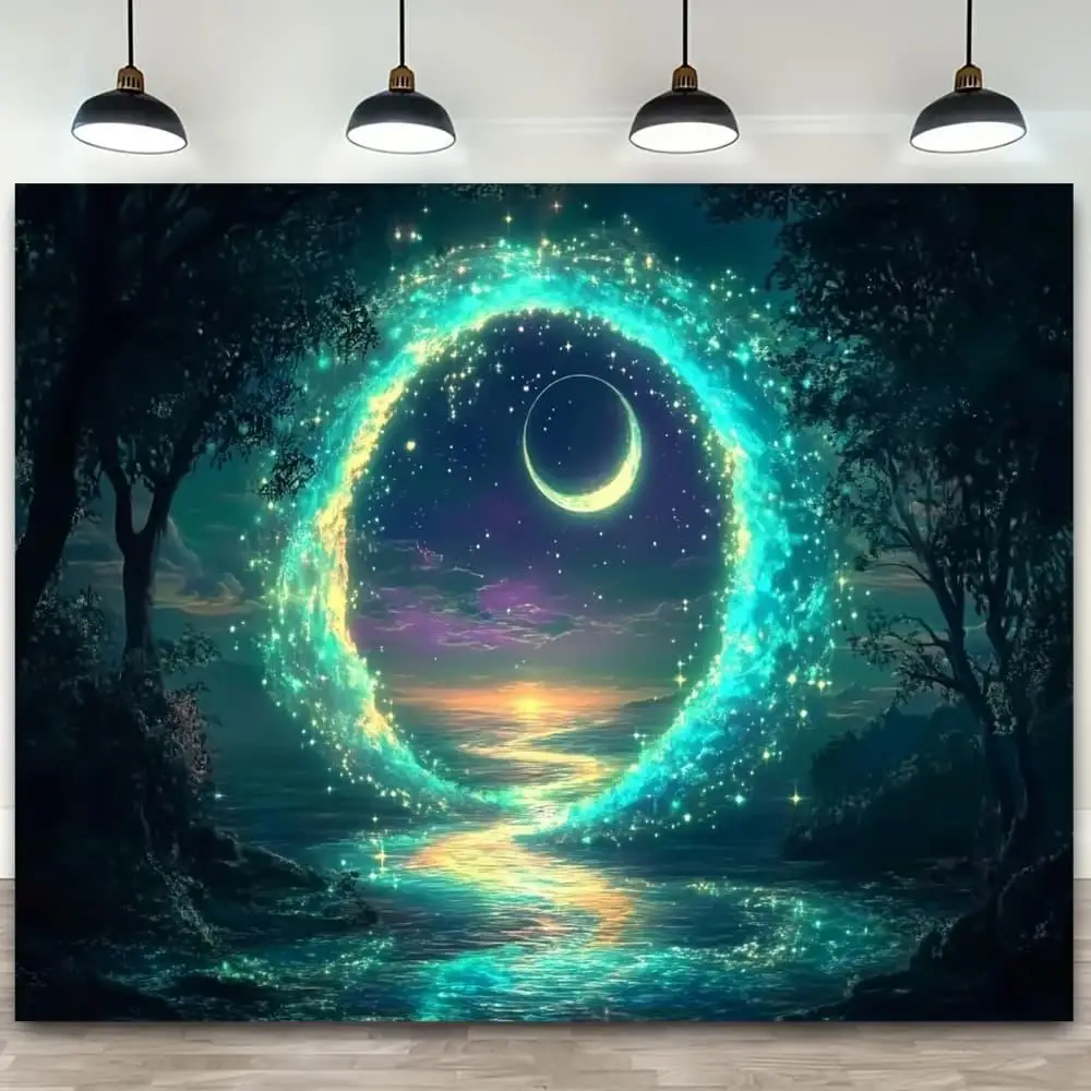 Magical Moon Ring Night Sky Tapestry Cosmic River Starry Forest Wall Hanging Fantasy Decor Living Room Print