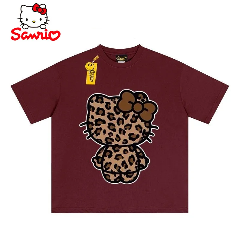 

Леопардовая футболка Hello Kitty из чистого хлопка с короткими рукавами для пар, свободная футболка с короткими рукавами в стиле ретро, подарок на день рождения Hello Kitty