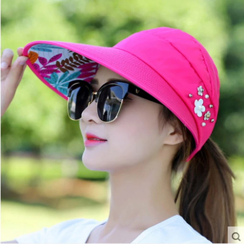 Summer Women Wide Brim Empty Top Hats Flower Pearls Floppy Foldable Sun Protection Hats Outdoor Beach Tour Visor Baseball Cap