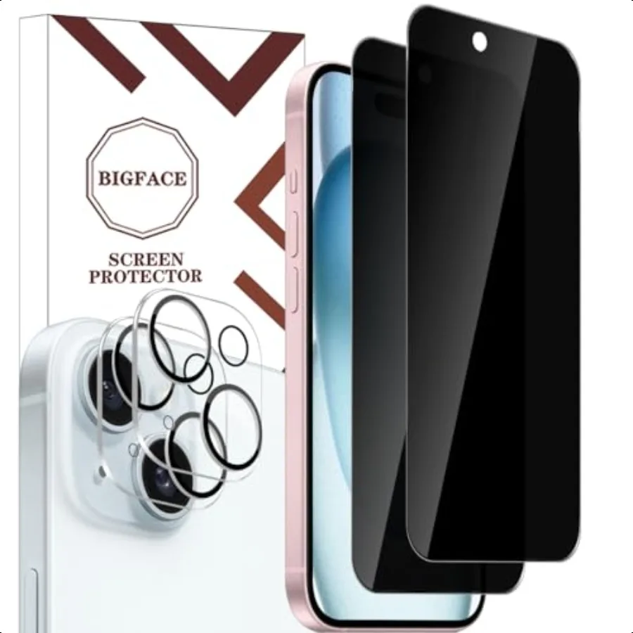 BIGFACE untuk iPhone 15 Plus Pelindung Layar Privasi + Pelindung Lensa Kamera [2 + 2 Paket] Kaca Tempered Privasi HD Premium Ant