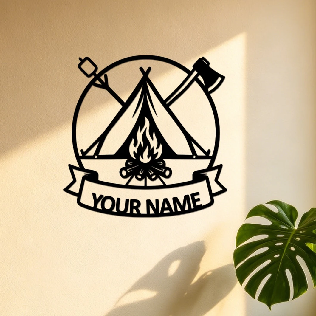 Campfire Teepee Metal Wall Sign, Custom Camping Name Plaque, Axe Marshmallow Outdoor Art, Camper Lover Gift, Cabin Door Decor