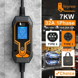 feyree Portable EV Charger Wallbox Type2 Cable 32A 7KW with CEE Plug EVSE Type1 Charging Box j1772 Adapter for Electric Vehicle