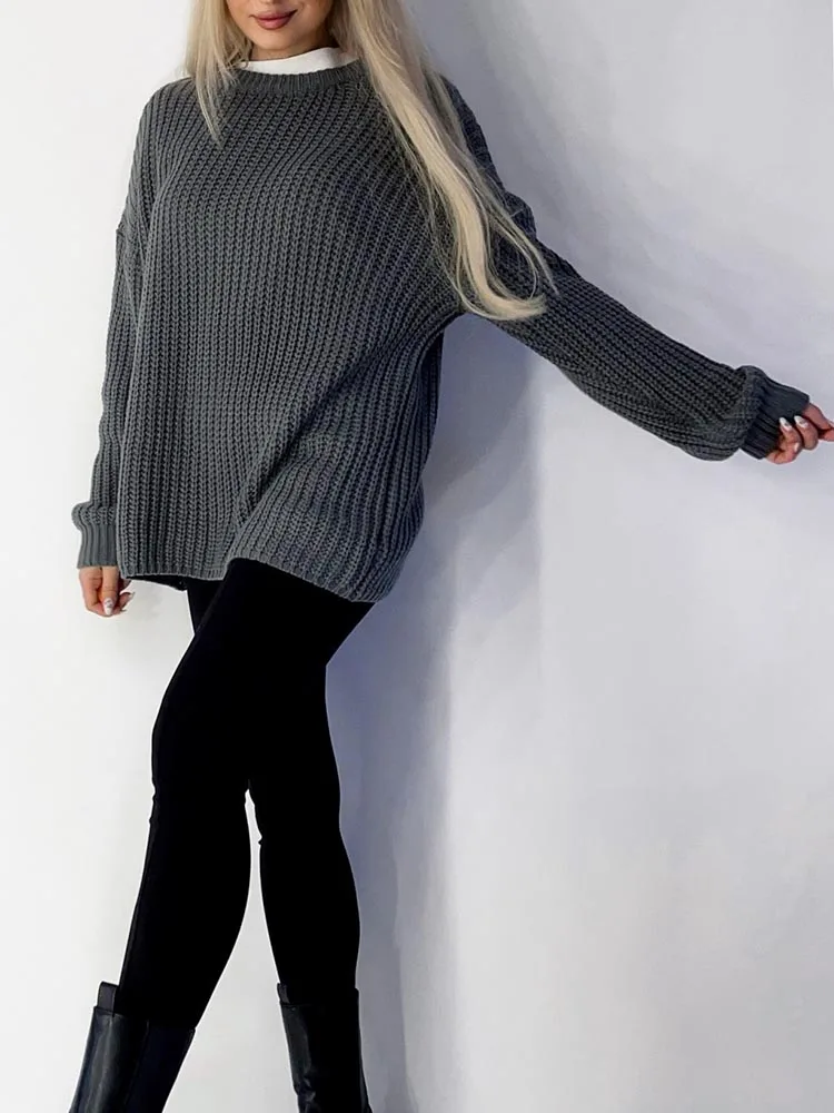 Msfancy Gray Knitted Pullovers Women 2022 Korean Fashion O-neck Oversized Jersey Mujer Long Sleeve Casual Tops