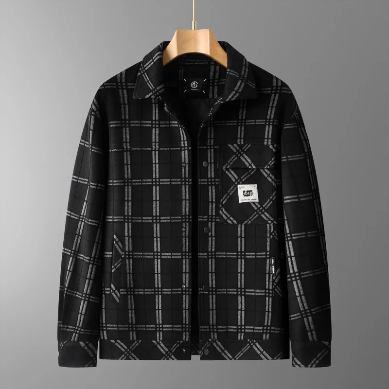 

Luxury Man Plus Size Lapel Jacket Winter New Black White Grid Color Blocking Snap Button Comfortable Coat Leisure Fashion Tops