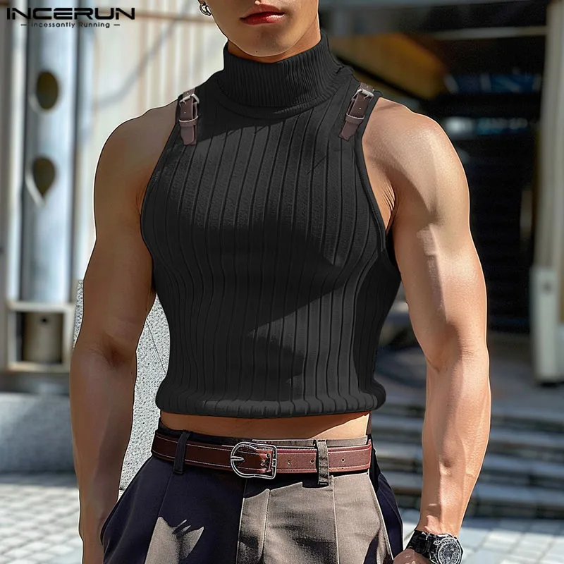 Summer Stylish Style Tops INCERUN 2024 Men High Necked Knitted Pit Strap Leather Loop Vests Male Solid Sleeveless Camiseta S-5XL