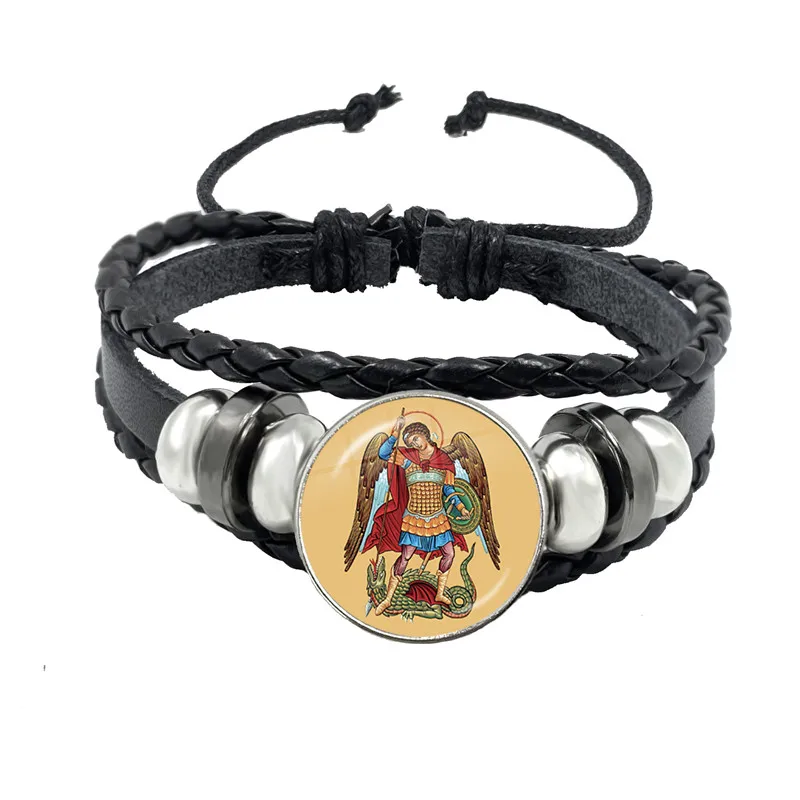 Amulet Symbol Bracelet Archangel St.Michael Protect Me Saint Shield Glass Time Gem Russian Orhodox Black Woven Bangles for Men