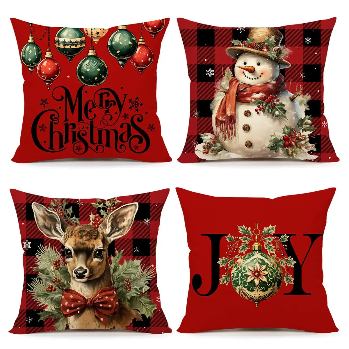 Buffalo Check Christmas Pillow Covers Set of 4 Red Black Farmhouse Xmas Snowman Deer Joy Winter Holiday Decor Throw Cushion Case