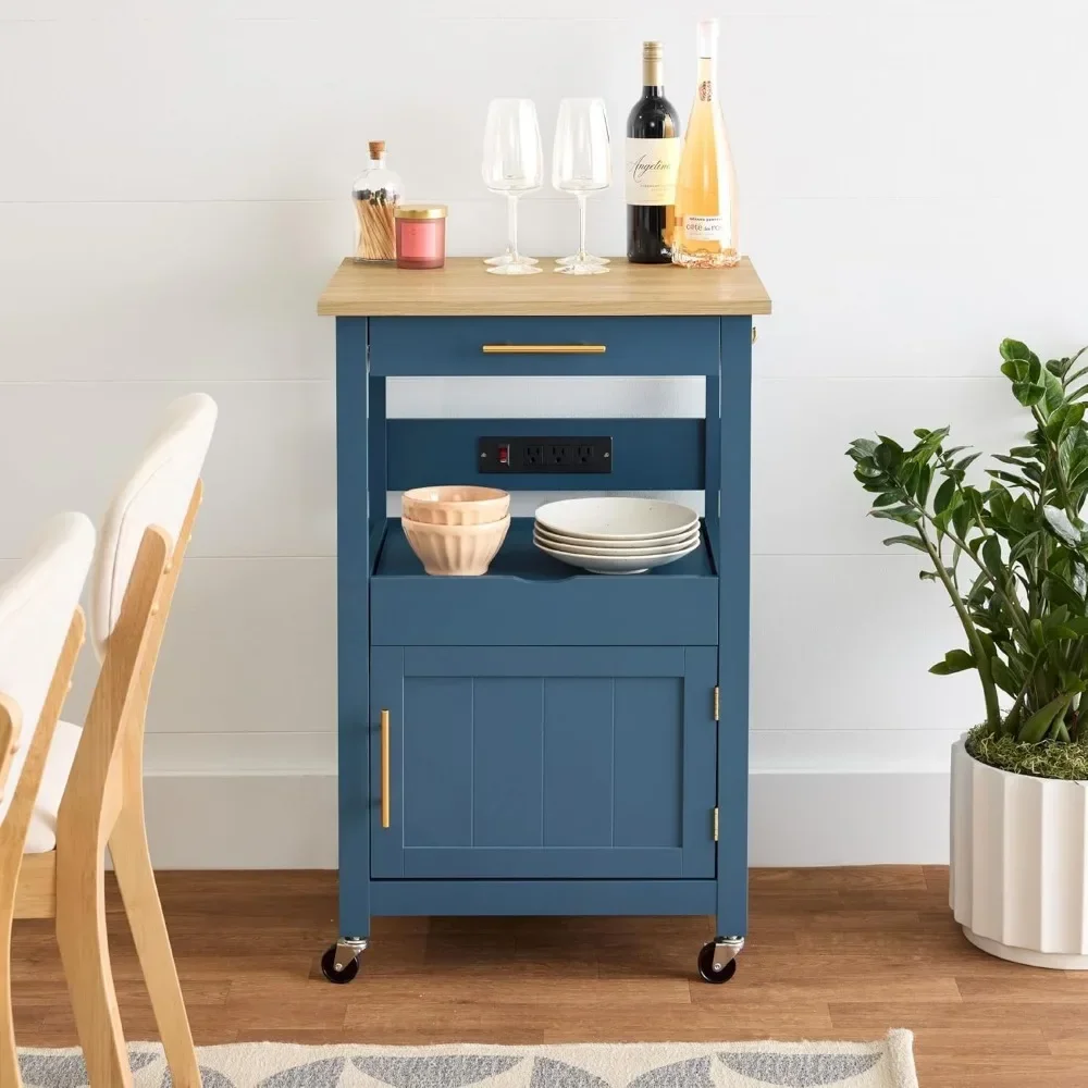 

Rolling Kitchen Island Cart, Single Door Cabinet w/Drawer, Sliding Tray, Hidden Outlet, Hooks, & Lockable Wheels
