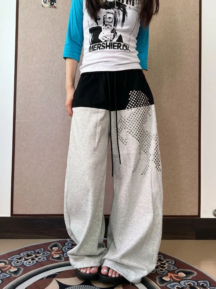 Women's Patchwork Colorblock Mini Rivet Pants Cool Girl Hip-hop Wide Leg Sweatpants Casual Bottoms Female High Waisted Trousers