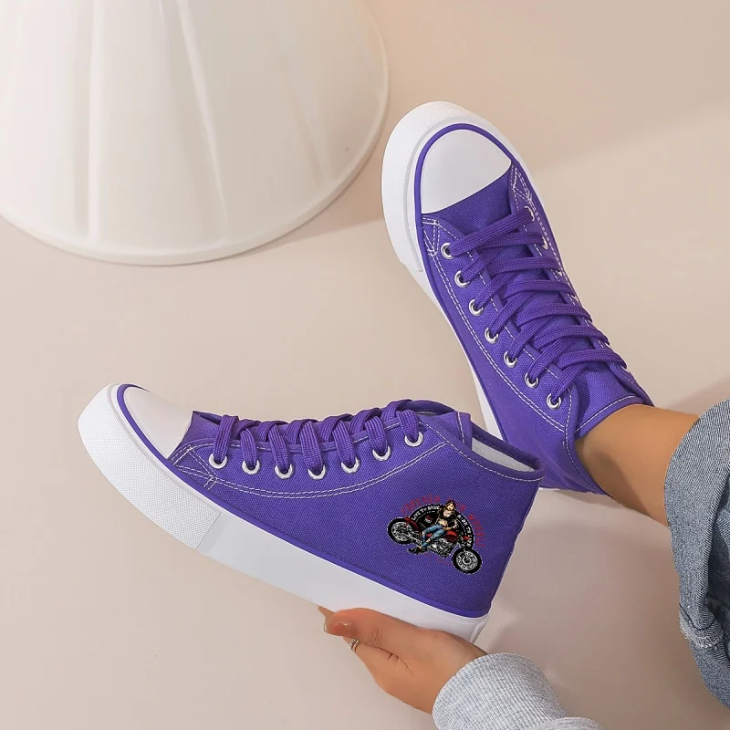 

Women's Purple High-Top Canvas Sneakers: Platform Sole with Cartoon Motorcycle Print. Casual for Daily, School & Street Style.