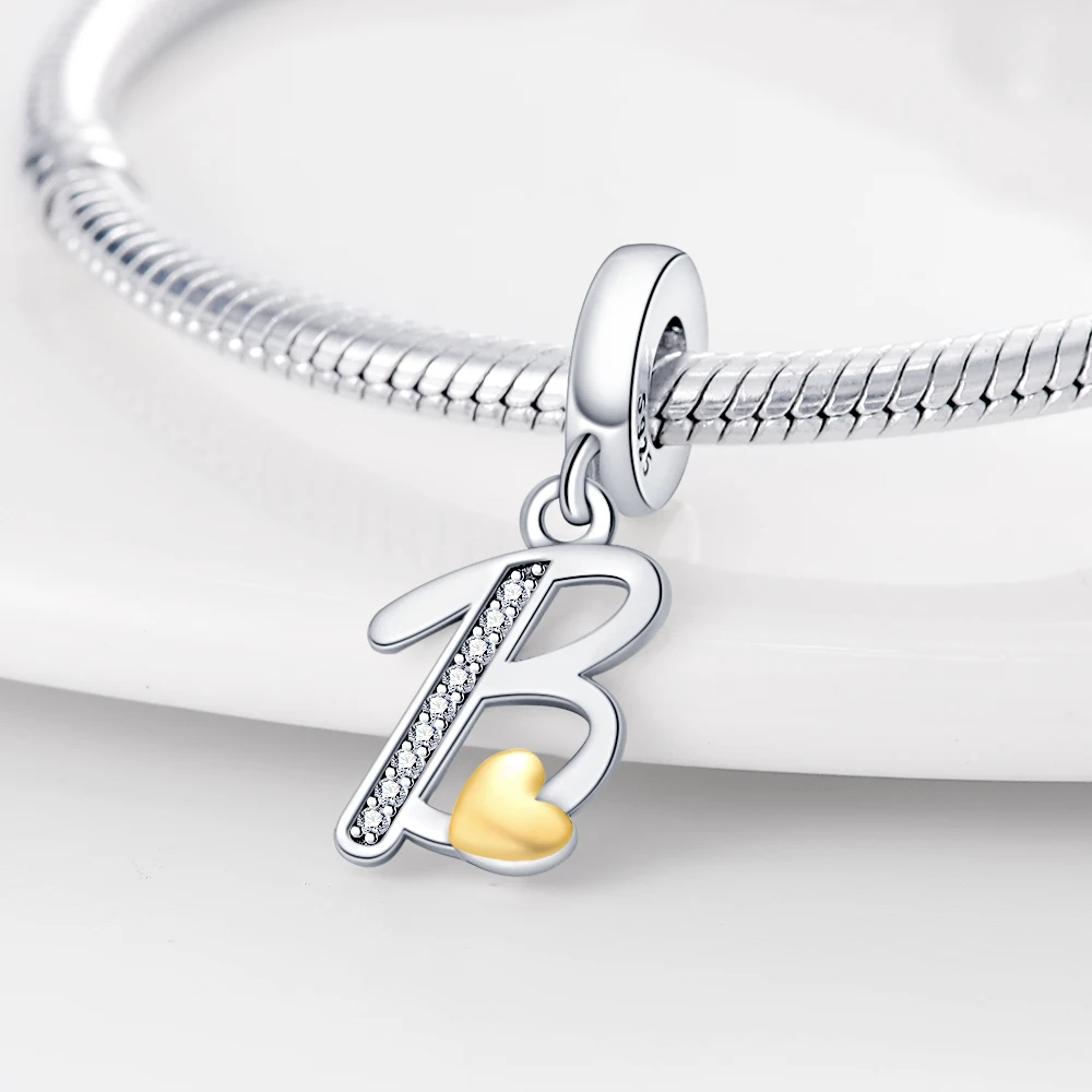 Fashion Silver-Plated Golden Heart Shape 26 Letters Pendants Fit Qikaola 925 Original Bracelets DIY Birthday Jewelry Gifts