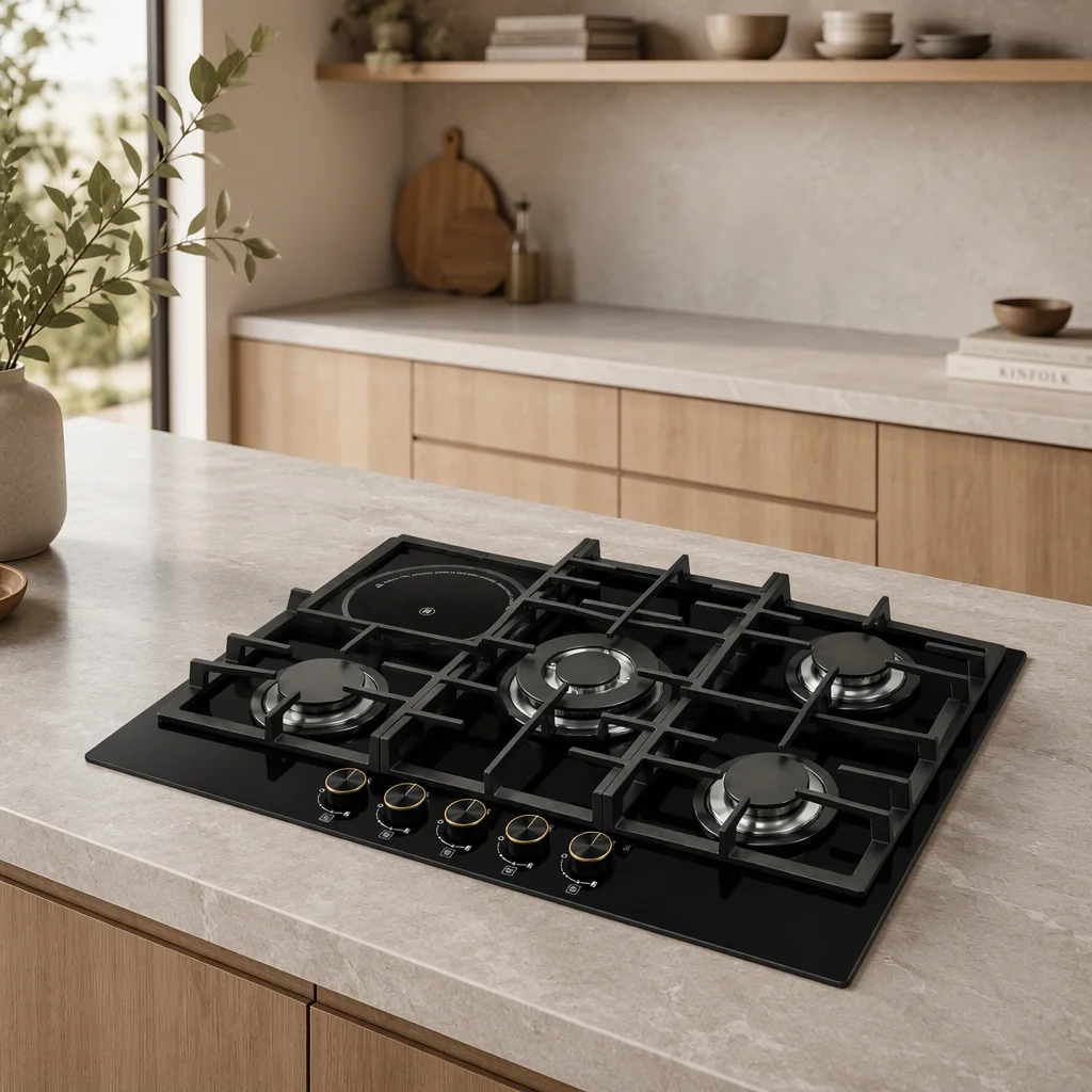 5-Zone Embedded Hybrid Cooktop 4 Gas Burners 1 Ceramic Hob Electronic Ignition Energy-Efficient Class Tempered Gas/Electric