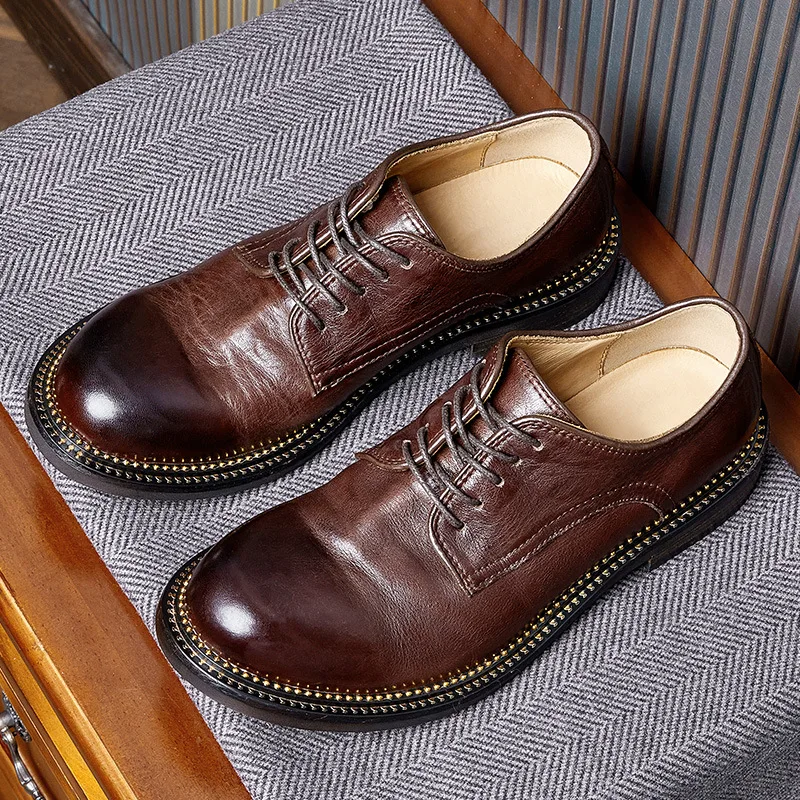 Oh My God ! Rich Man Must Have Soft Genuine Leather High-end Handmade Round Toe Derby Shoes Men's Casual British Lace-up Oxfords