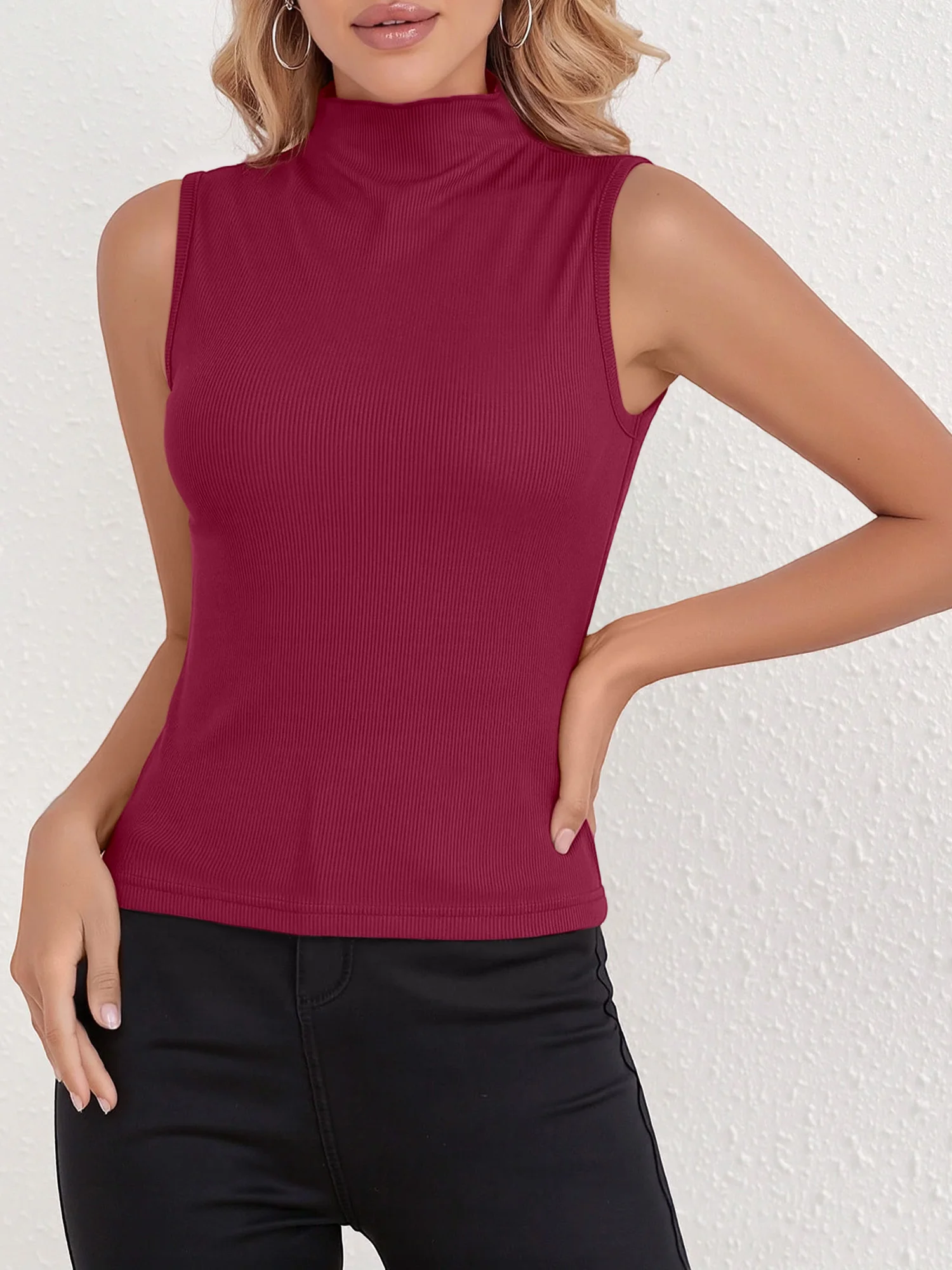 Women Solid Color Mock Neck Sleeveless Knit Tank Top Elastic Rib Slim Breathable Wear‑alone Daily Commuter Shirts