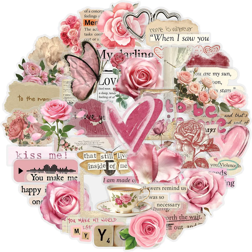 Aesthetic Vintage Floral Transparent PET Sticker Pack 50 Sheets Pink Rose Letter Graphic Decoration For Planner Craft