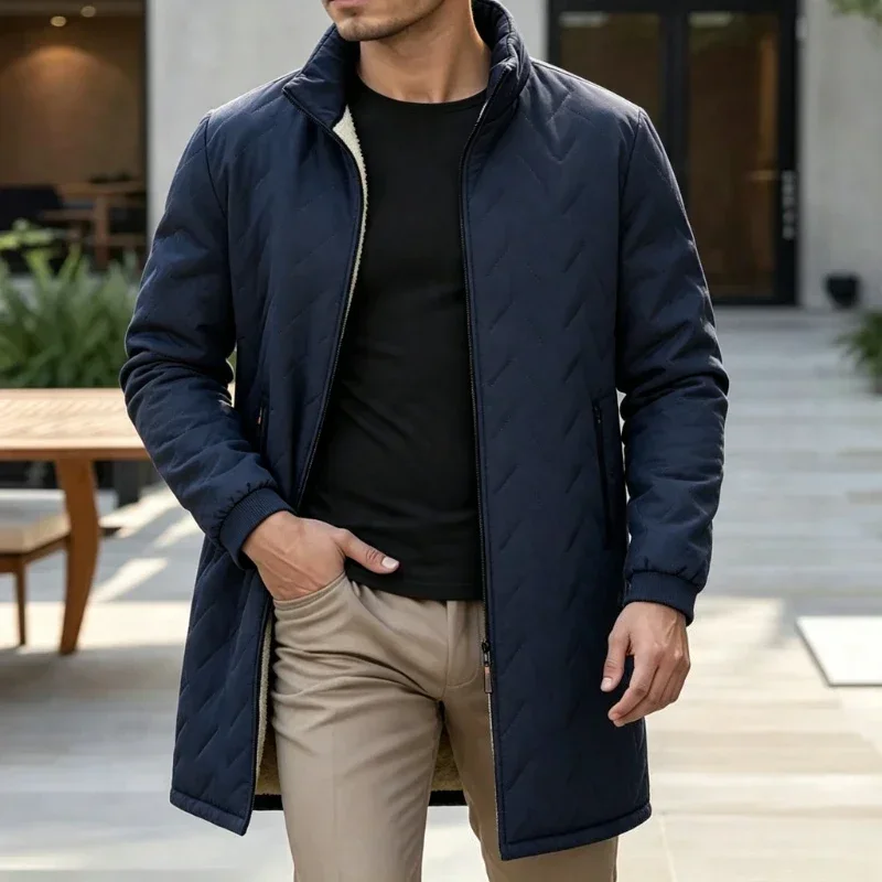 Man's Mid Length Parka Coat Autumn Embossed Quilted Ultrasonic Parkas Man Winter Lambswool Fleece Lined Jackets Thick Outerwear