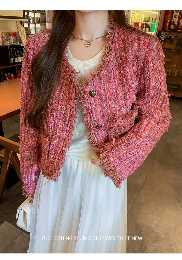 لقطة حقيقية مخصصة عالية الجودة تويد سترة قصيرة المرأة خريف شتاء معاطف الوردي