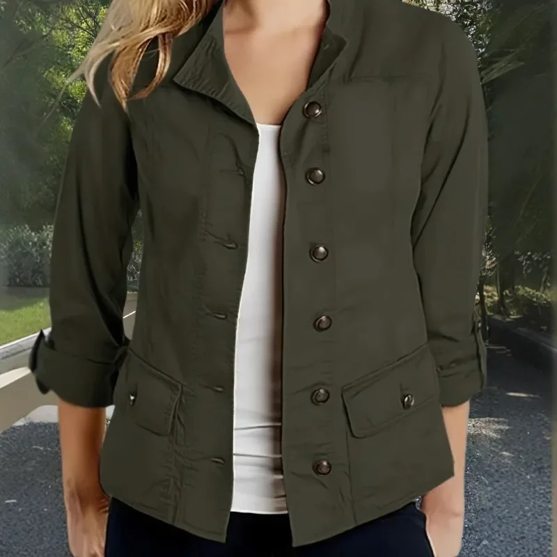 

Fashion Solid Woman Long Sleeve Lapel Outwear Vintage Autumn OL Jloose Ackets Casual Party Chaqueta Elegant Button Thin Coats