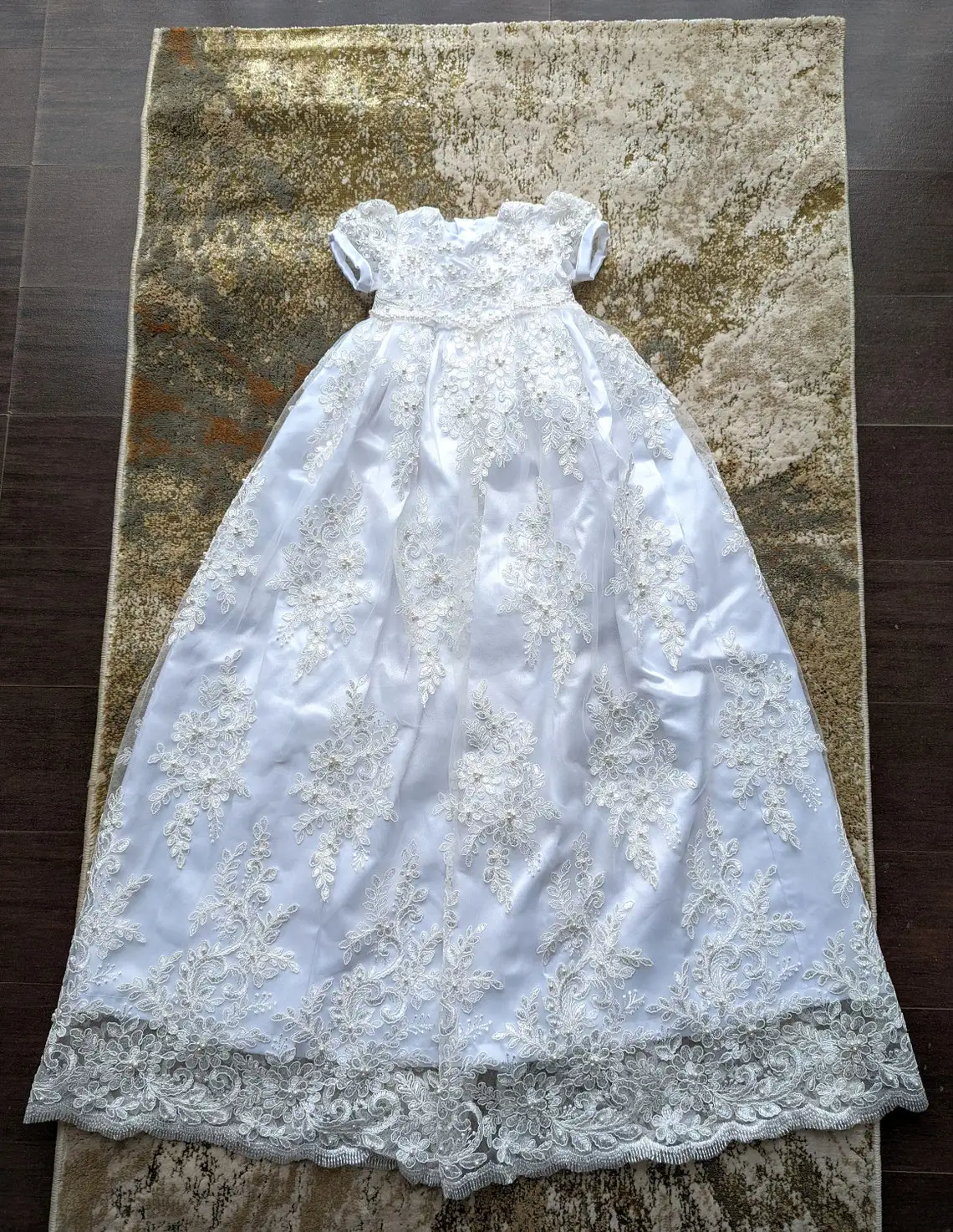 Lace Christening Gown for Baby Short Sleeve First Communion Dress Infant Toddler Girls Baptism Dresses With Bonnet