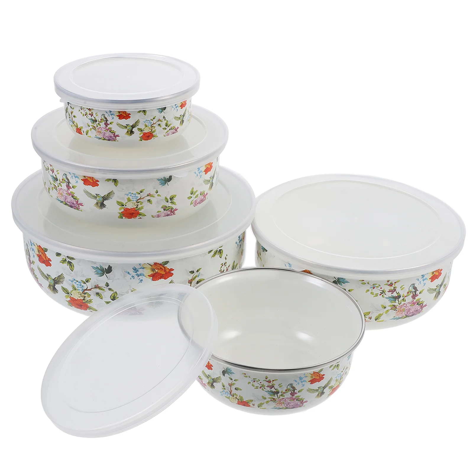 Juego de 5 piezas de cuencos de fideos con tapa, soporte para sopa de anidación de esmalte de cocina, ensalada de mezcla, bebé fresco
