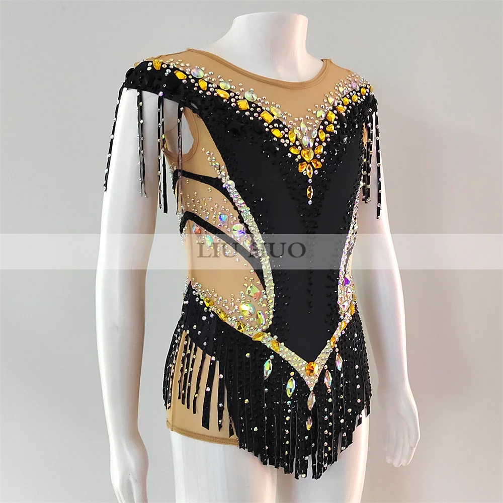LIUHUO Body da Ginnastica Ritmica Personalizza Donne Adulte Ragazza Costume Concorso Prestazioni Vestito da Ballo Aerobica Nero Adolescenti