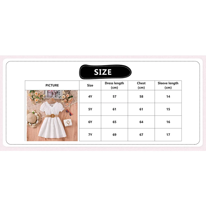 Summer Girl Dress Puff Sleeve Solid  White Fashion Lace Dress + weave Sashes Cute Style Girl 4-7 Age