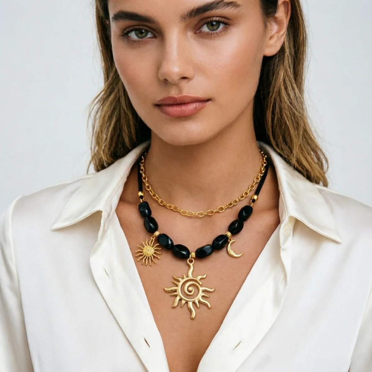 Doppelschichtige Unregelmäßige Schwarze Harzperlen Spiral-Sonne-Mond-Anhänger Halskette für Frauen und Männer Ethnischer Stil Sonnenblumen-Choker Schmuck – Detail 18
