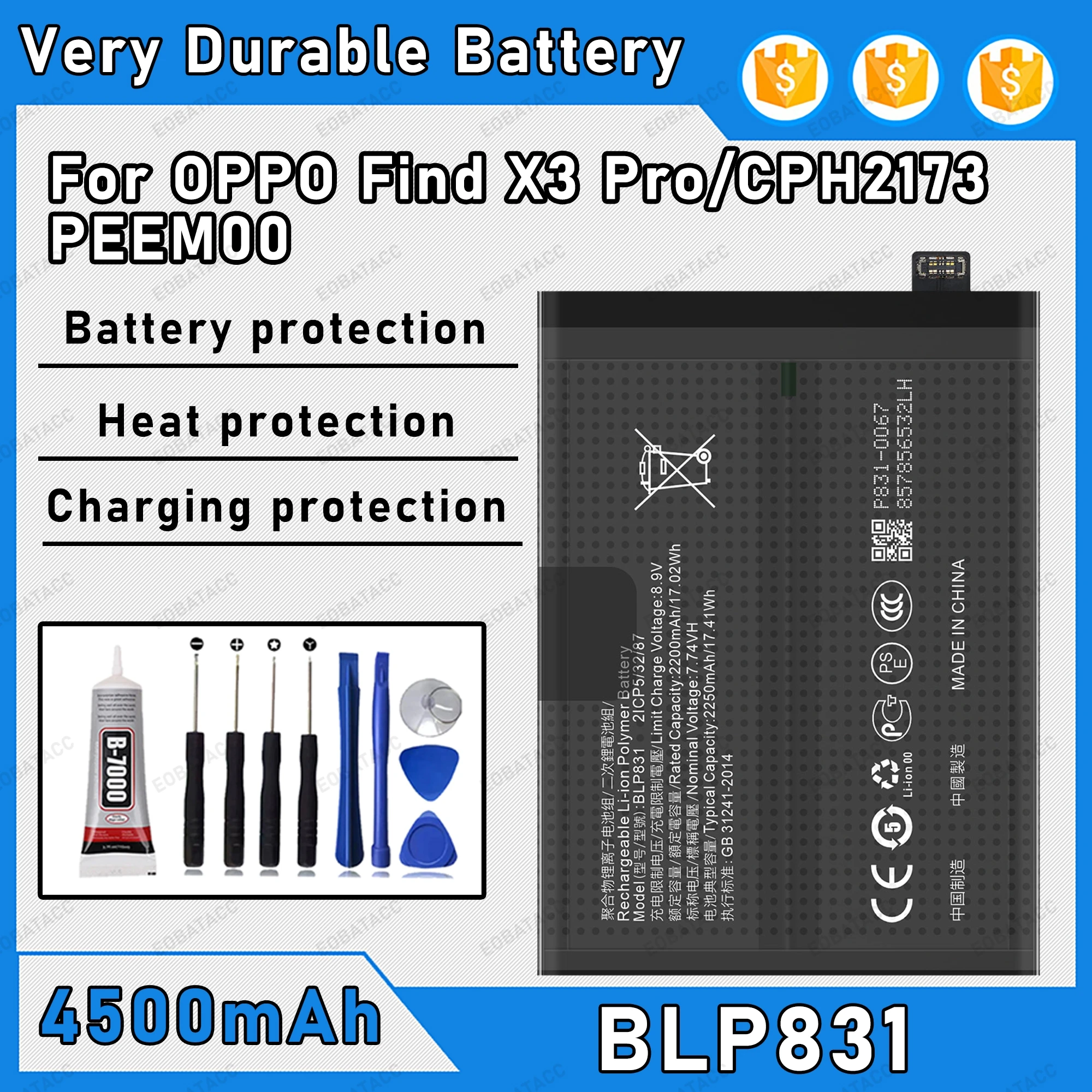 4500mAh 100% New BLP831 Battery For OPPO Find X3 Pro/CPH2173 Replacement Bateria+Free Tools