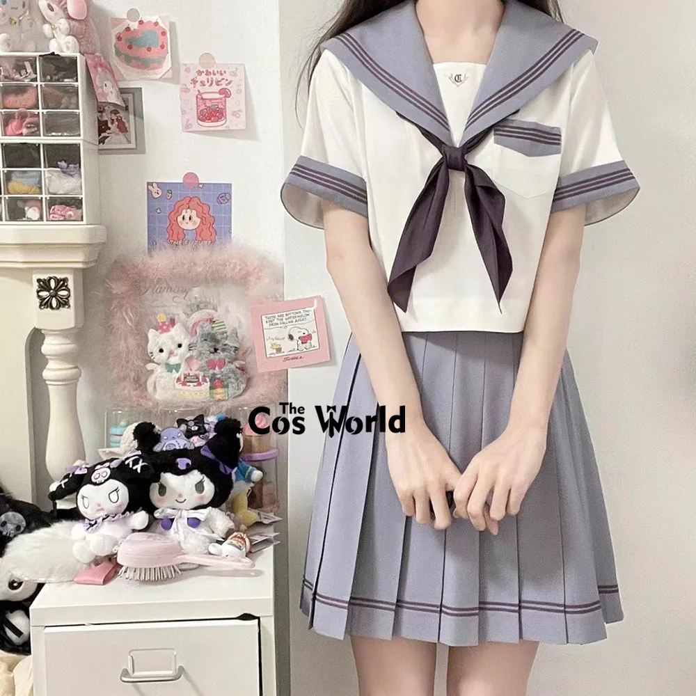 Costume de marin d'été japonais violet Preppy à manches courtes, hauts et jupes, uniforme de base JK pour lycée, en tissu pour élèves