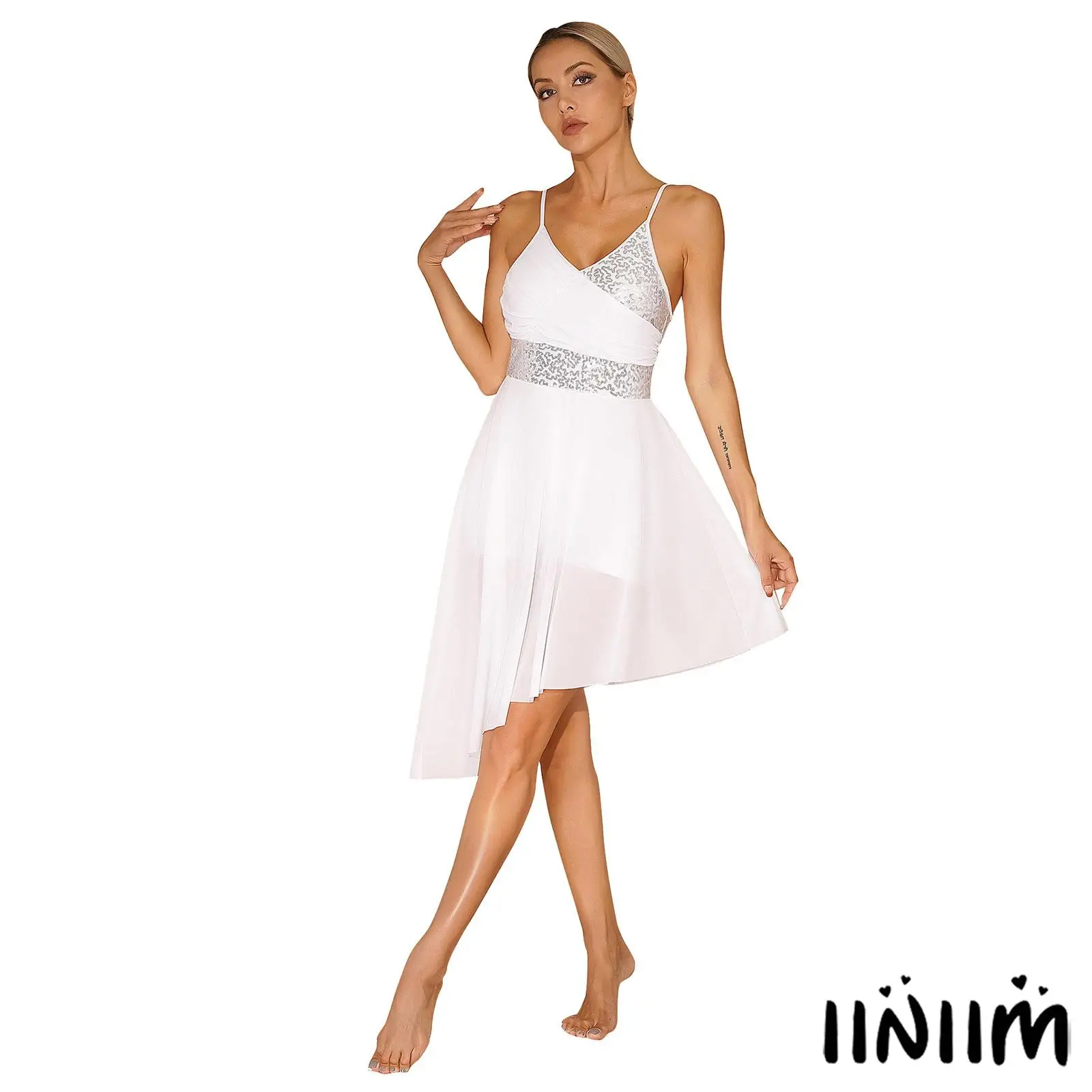 Women's Sparkly Sequin Contemporary Dance Dress Asymmetrical Hem with V-Neck Spaghetti Straps for Ballet Latin Dance Performance