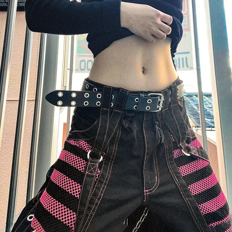 Pantalones góticos de pierna ancha para mujer, ropa de calle de estilo e-girl, Punk, vendaje de cadena, pantalones holgados de los años 90, gran tamaño, tiro bajo, Y2k