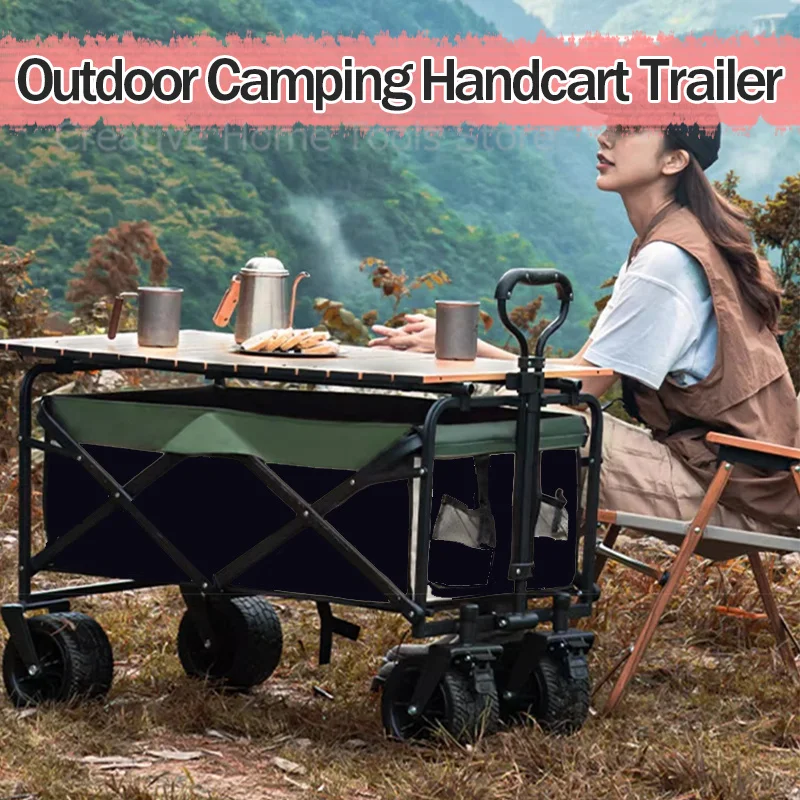 

Camping Wagon Folding Moving Cart Outdoor Garden Portable Trolley Shopping Beach Push Dolly Picnic Collapsable Handcart With Whe