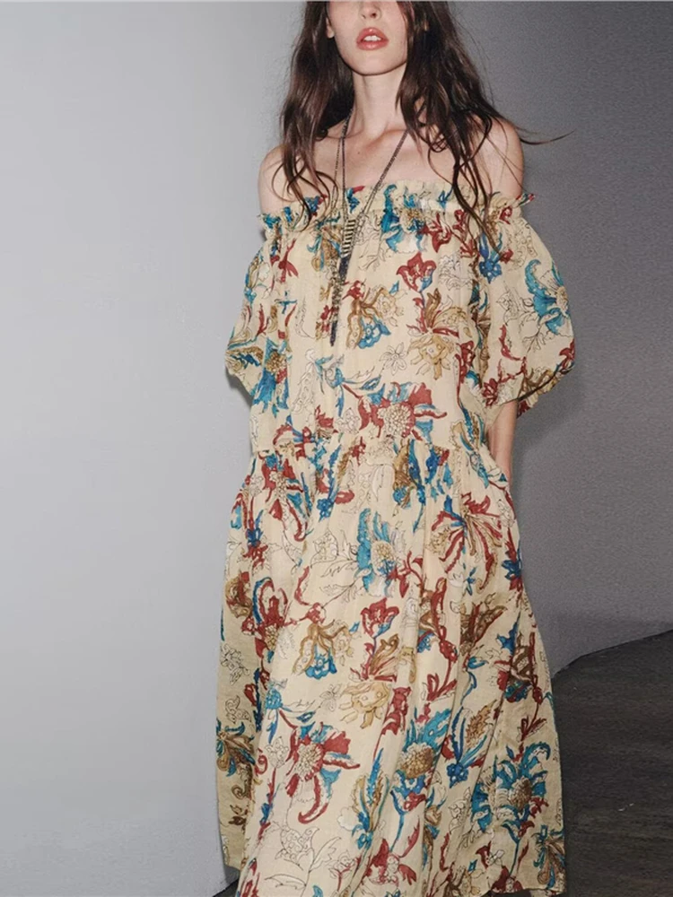 

Women's Versatile Flax Print Dress Elegant Business Casual Short Sleeve A-Line Skirt Polyester Fabric Comfortable Breathable