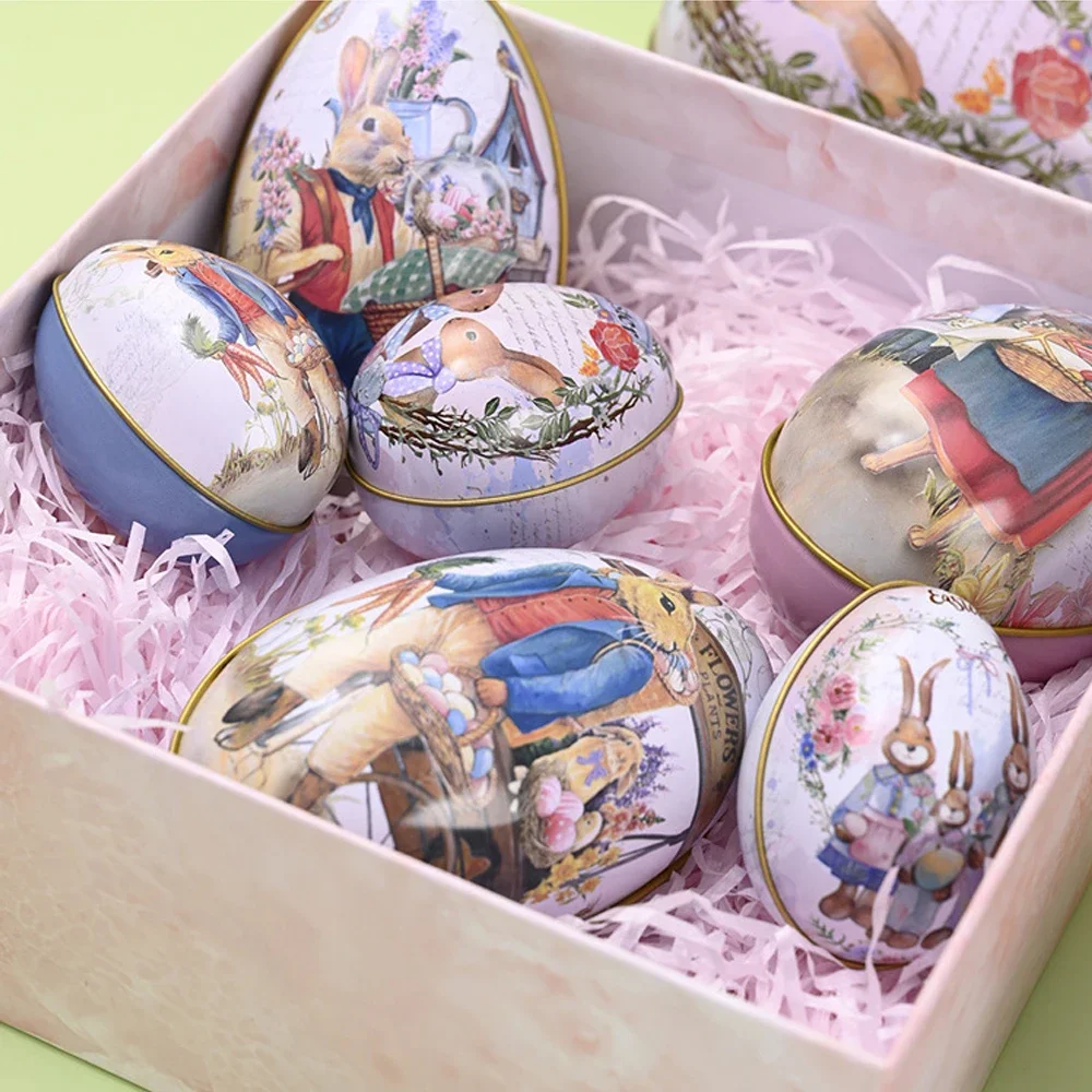 3/6pcs Easter Egg Shaped Tin Candy Box Vintage Rabbit Bunny Printed Metal Eggshell Cookies Container Easter Party Gift Favor Toy