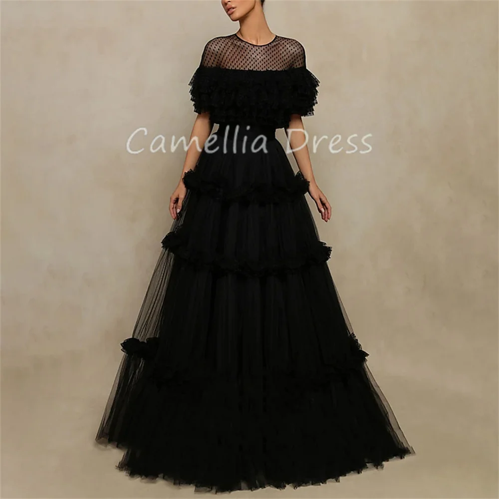 

Elegant A-line Evening Dresses Jewel Neck Tulle with Pleats Ruffle Party Dresses Formal Dresses Vestidos De Fiesta فساتين السهرة