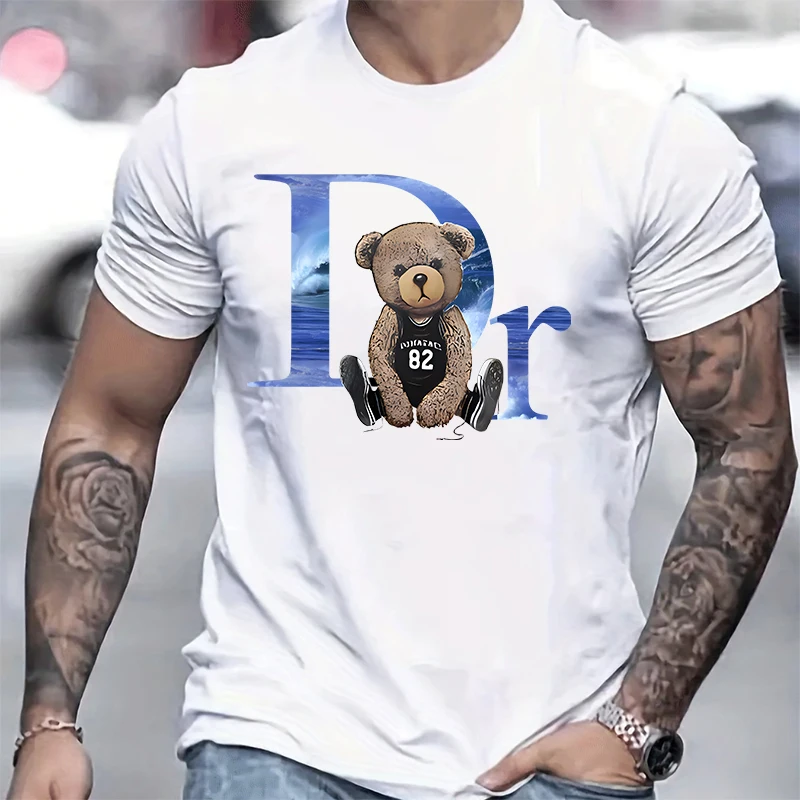 Men's Short T-Shirt, Pure Cotton Round Neck Top, Loose and Comfortable Casual T-Shirt, Suitable for Travel and Daily Use, Bear B