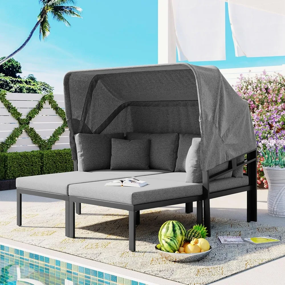 

3-Piece Patio Daybed with Retractable Canopy and Cushions, Outdoor Metal Sectional Sofa Set Sun Lounger for Backyard, Porch, Po