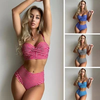 Women Sexy Slim Plaid Two Pieces Swimsuit High Waisted Bikini Swimwear 2024 Bikini Sets Size S-3XL Rose Red/Black/Blue/Sky Blue - Image 2