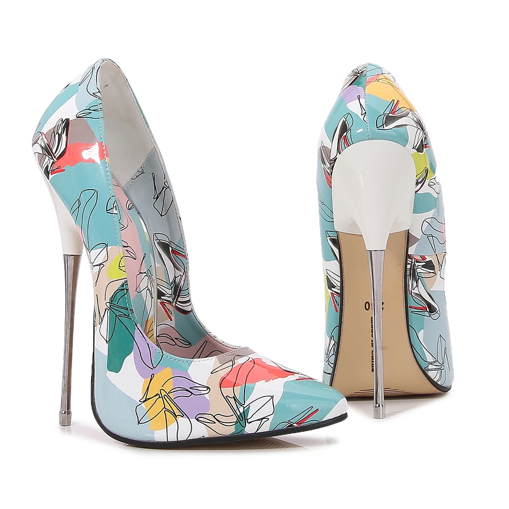 Popular Women Floral Printed Pointed Toe Pumps 16cm Extremely High Metal Thin Heel Ladies Party Dress Performance Sexy SM Shoes